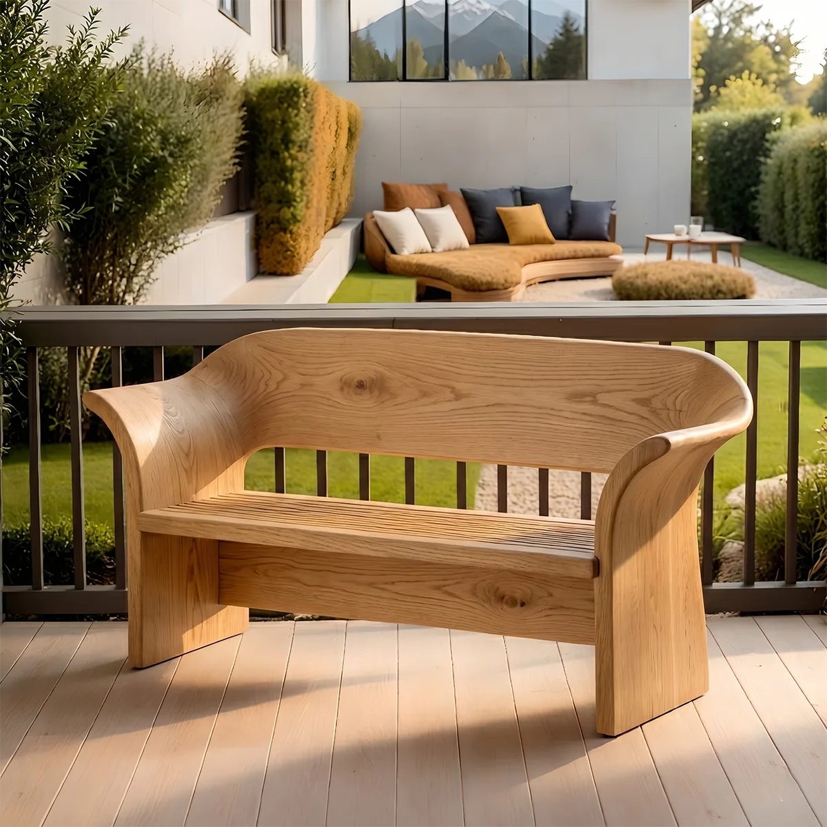Curved Solid Wood Outdoor Bench with Sculptural Backrest