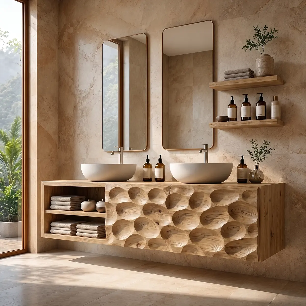 Pebble Carved Floating Double Sink Bathroom Vanity TT006-9978