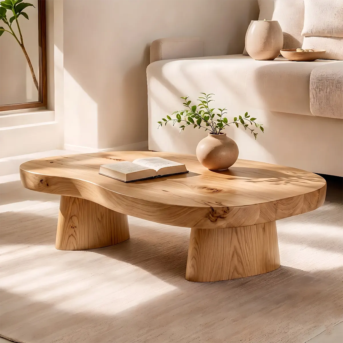 Organic Solid Wood Coffee Table | Sculptural Hardwood Cocktail Table with Dual Pedestal Base TT006-4930