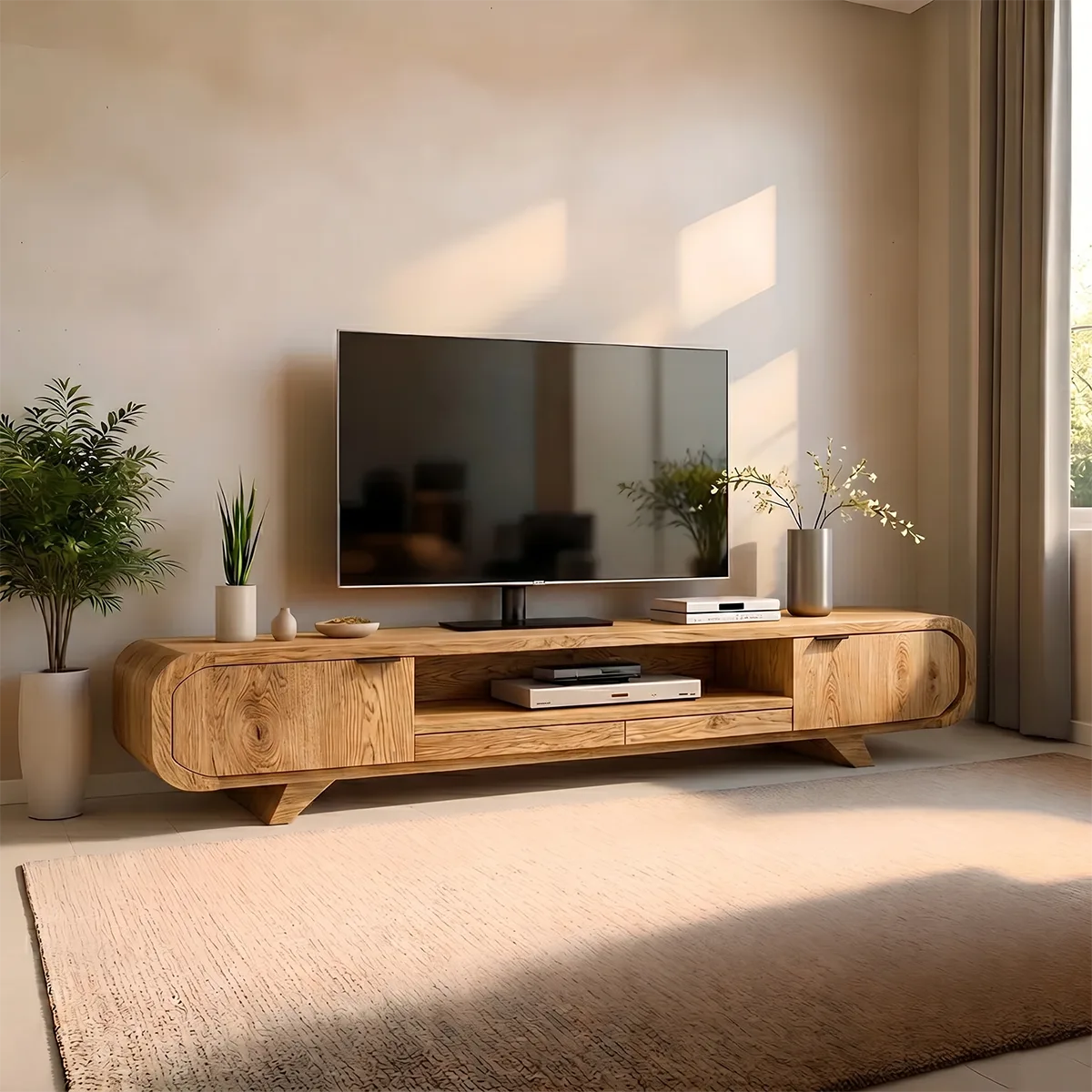 Mid Century Modern Solid Wood Rounded TV Stand with Cabinets
