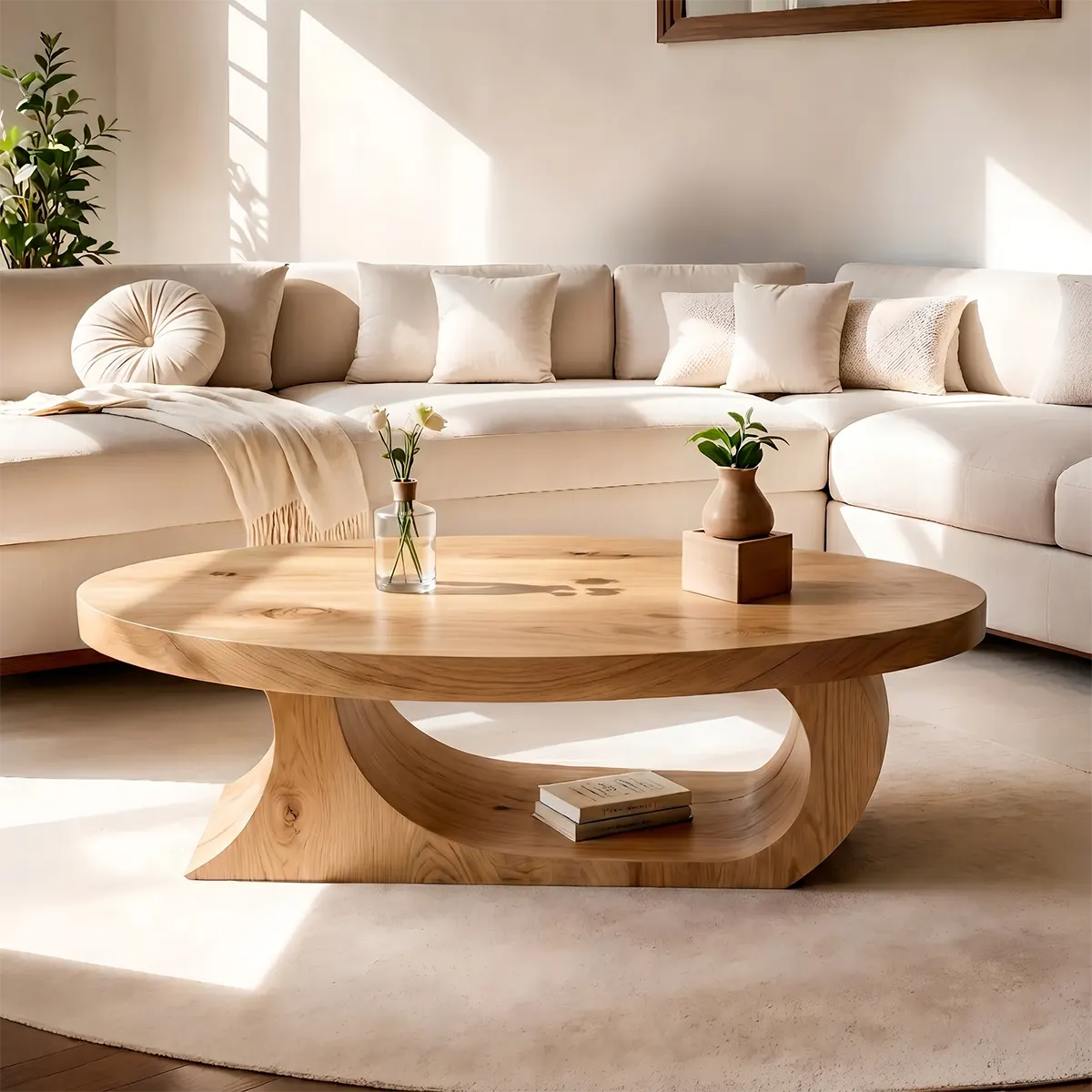 Oval Coffee Table, Organic Modern Wood Coffee Table, Sculptural Loop Base Center Table TT006-5586