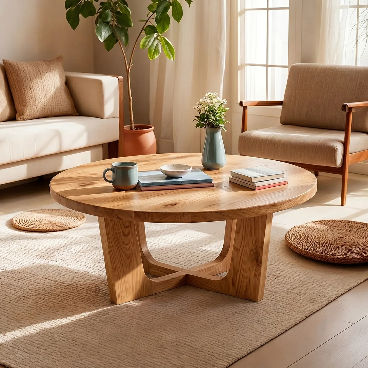 Round Solid Wood Coffee Table – Handcrafted Rustic Modern Living Room Table