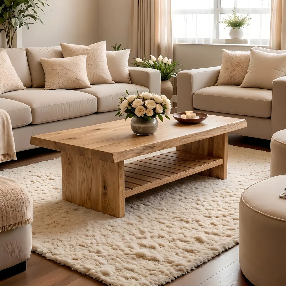 Modern Wooden Coffee Table with Slatted Open Shelf for Home Decor