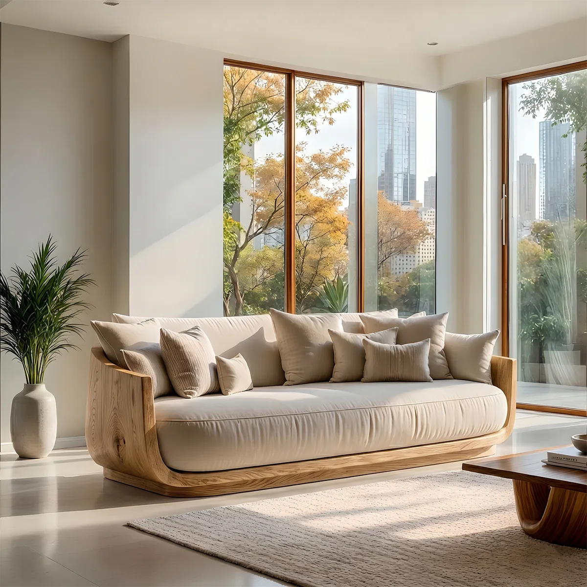 Luxury Organic Modern Solid Wood Curved Sofa with Deep Cushioned Seating