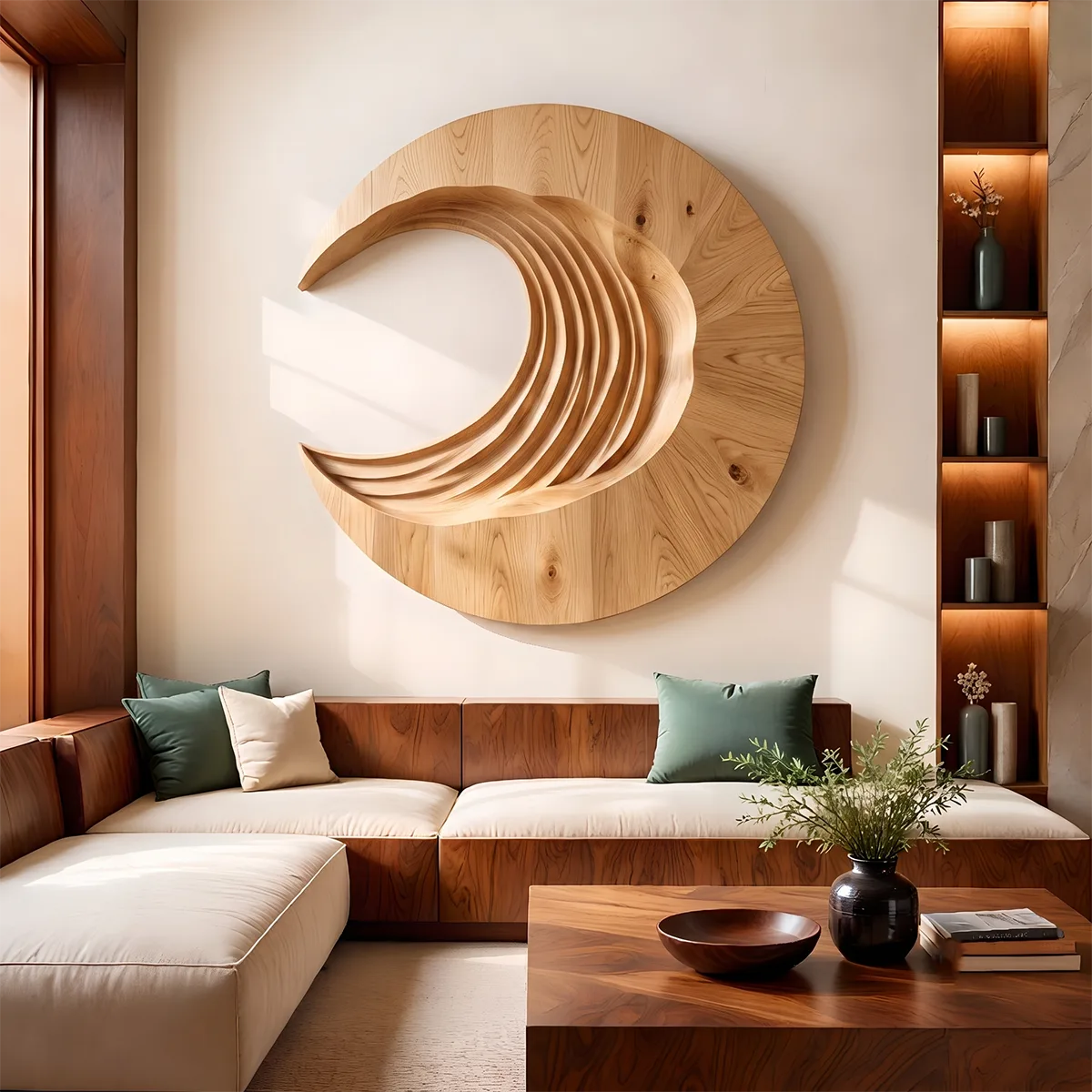 Abstract Crescent Wave Wood Wall Art | Large Round Wooden Wall Sculpture TT006-9169