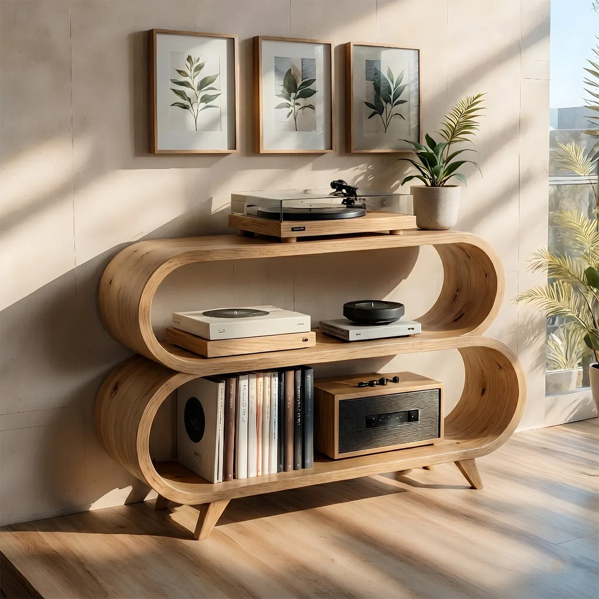 Organic Soft Wave Curved Wood Console Base | Mid-Century Modern Shelving