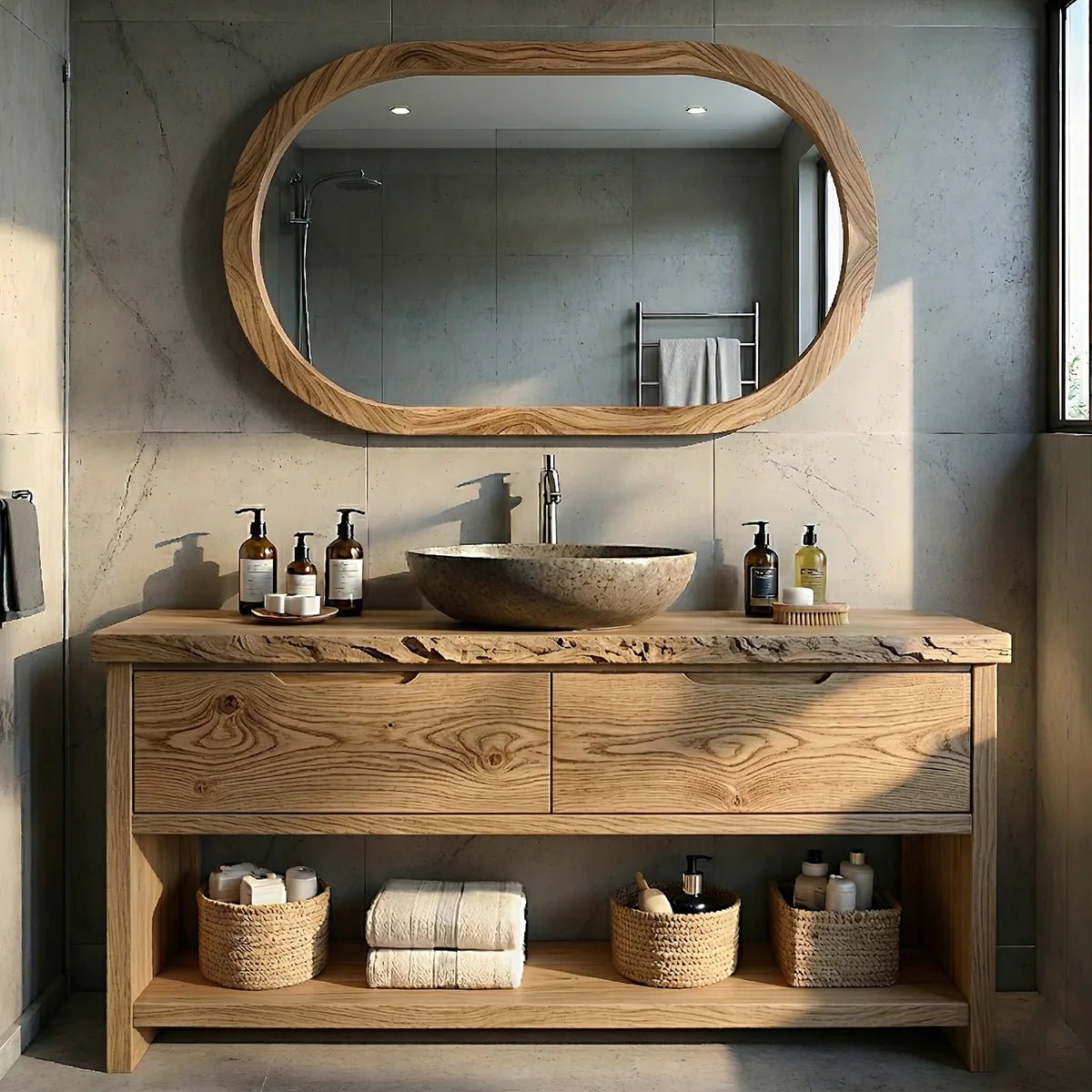 Solid Wood Bathroom Vanity with Live Edge Top, 2 Drawers, and Open Shelf