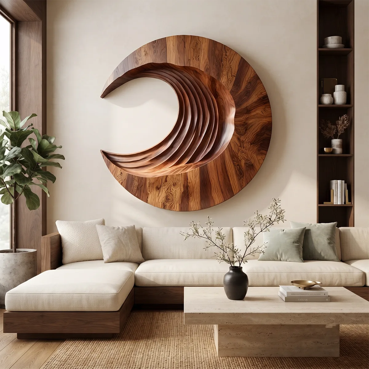 Abstract Crescent Wave Wood Wall Art | Large Round Wooden Wall Sculpture TT006-9169
