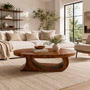 Oval Coffee Table, Organic Modern Wood Coffee Table, Sculptural Loop Base Center Table TT006-5586