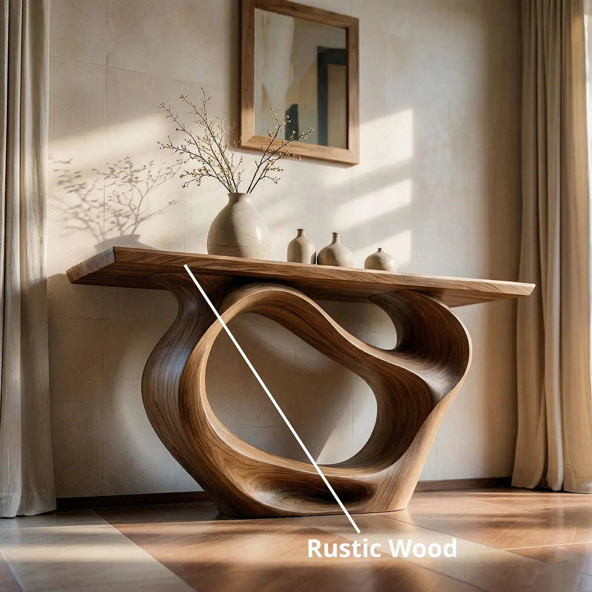 Sculptural Solid Wood Console Table with Organic Openwork Base