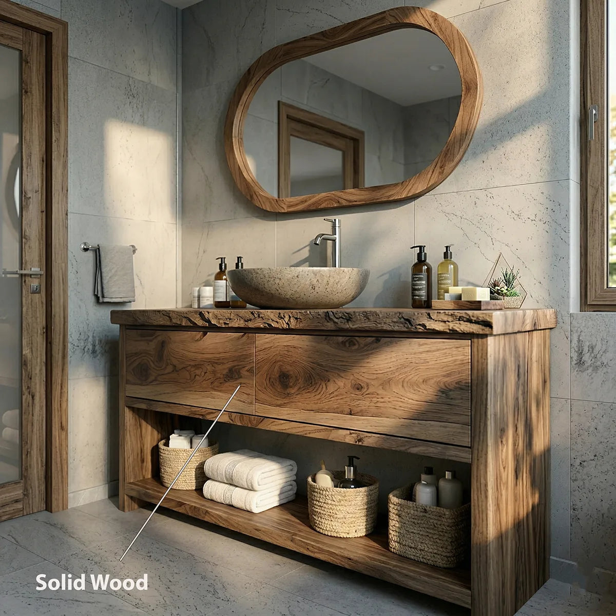 Solid Wood Bathroom Vanity with Live Edge Top, 2 Drawers, and Open Shelf