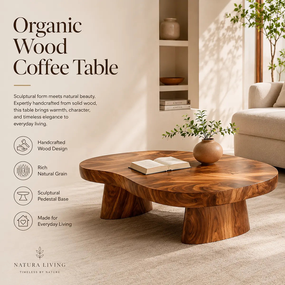 Organic Solid Wood Coffee Table | Sculptural Hardwood Cocktail Table with Dual Pedestal Base TT006-4930