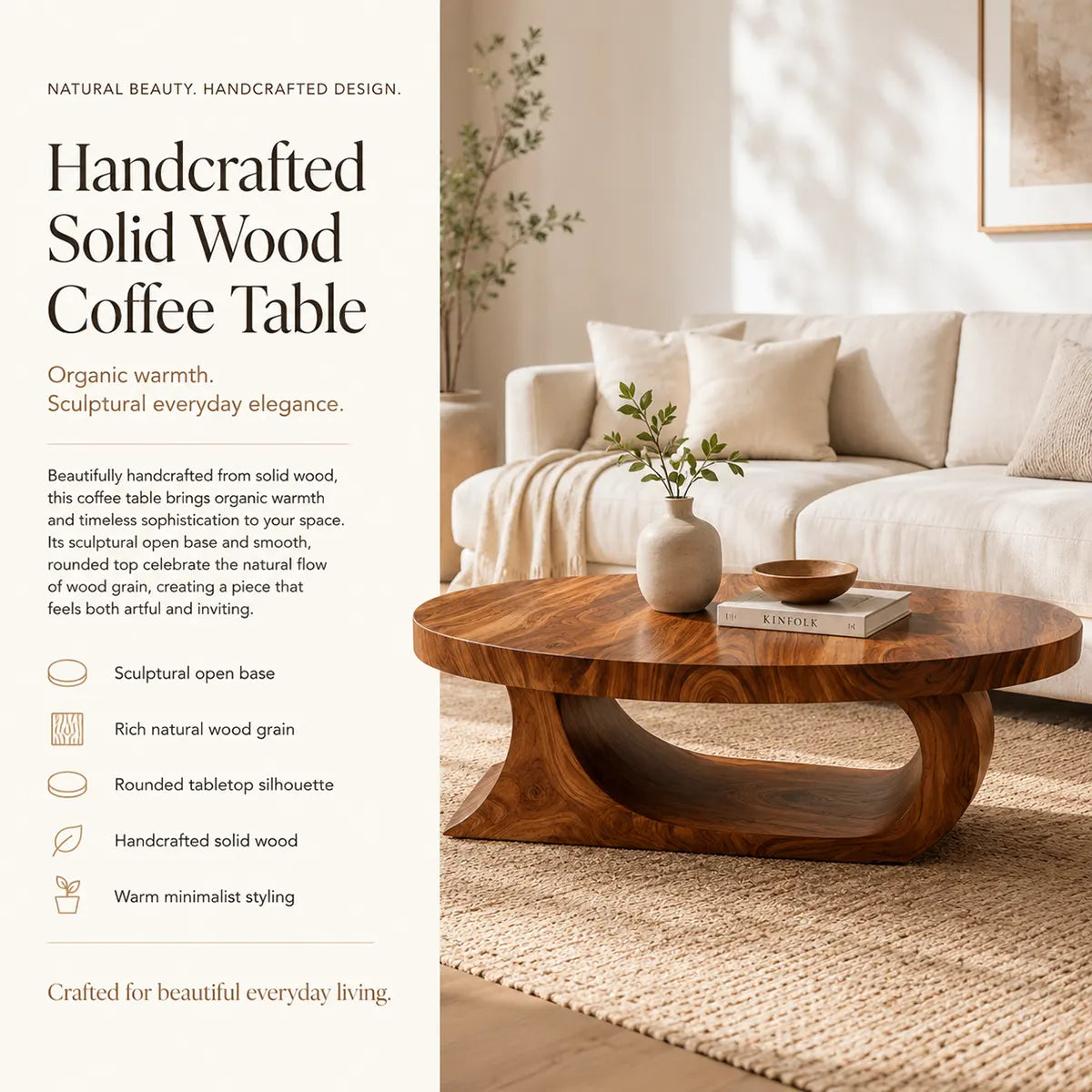 Oval Coffee Table, Organic Modern Wood Coffee Table, Sculptural Loop Base Center Table TT006-5586