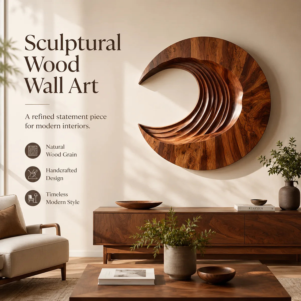 Abstract Crescent Wave Wood Wall Art | Large Round Wooden Wall Sculpture TT006-9169