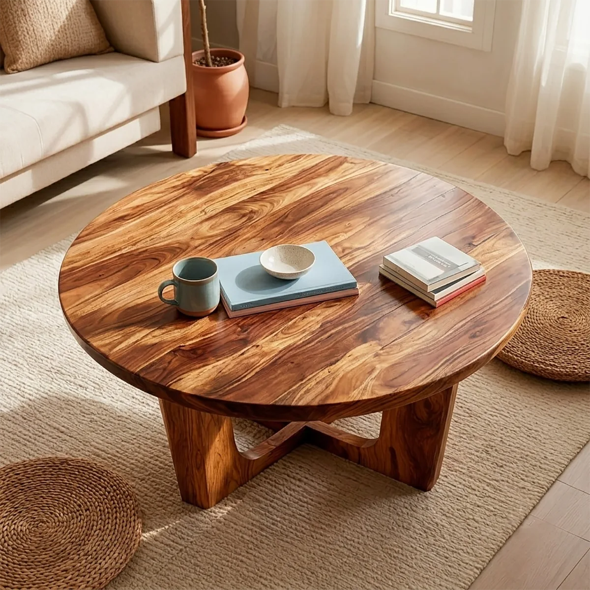 Round Solid Wood Coffee Table – Handcrafted Rustic Modern Living Room Table