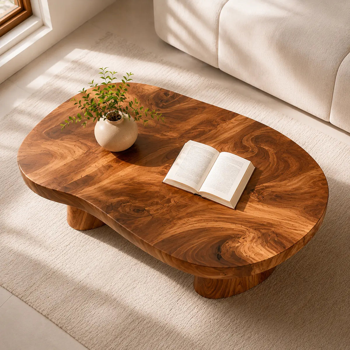 Organic Solid Wood Coffee Table | Sculptural Hardwood Cocktail Table with Dual Pedestal Base TT006-4930