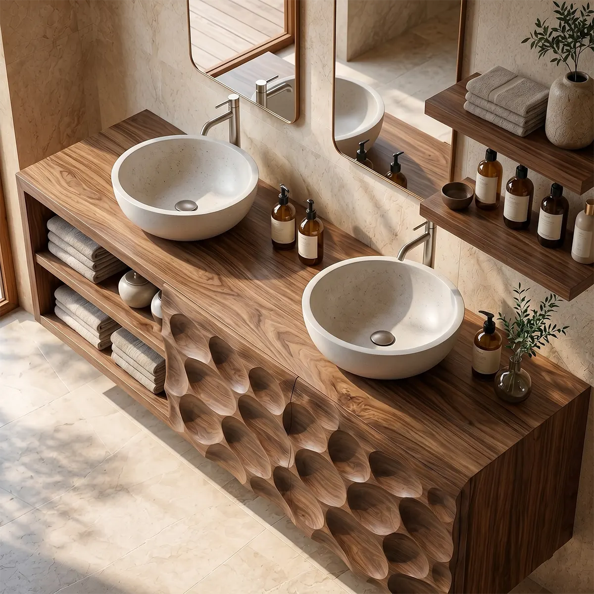 Pebble Carved Floating Double Sink Bathroom Vanity TT006-9978