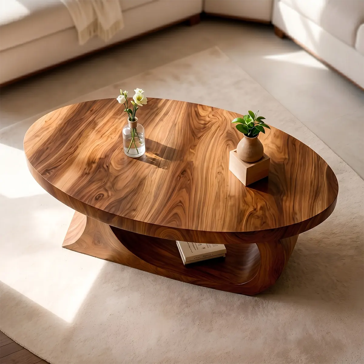 Oval Coffee Table, Organic Modern Wood Coffee Table, Sculptural Loop Base Center Table TT006-5586