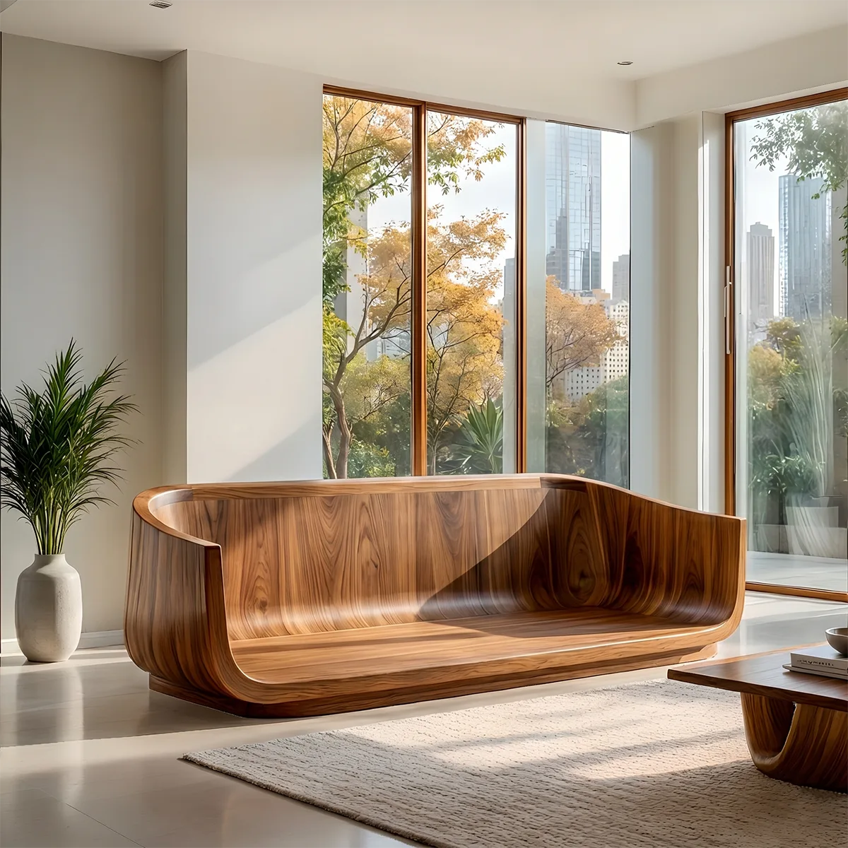 Luxury Organic Modern Solid Wood Curved Sofa with Deep Cushioned Seating
