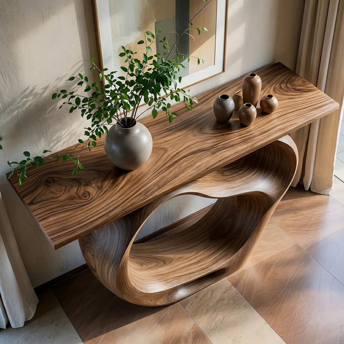 Sculptural Solid Wood Console Table with Organic Openwork Base