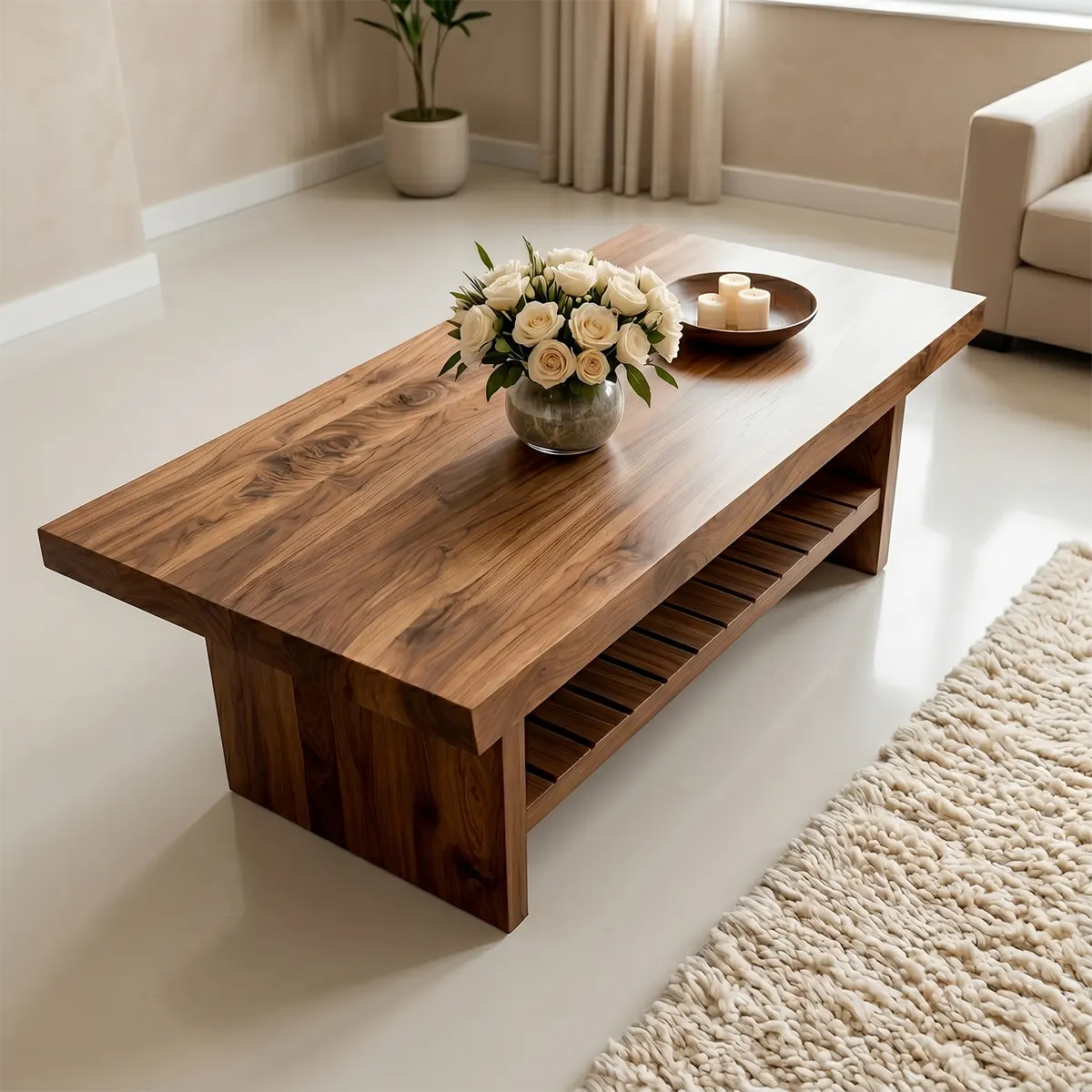 Modern Wooden Coffee Table with Slatted Open Shelf for Home Decor