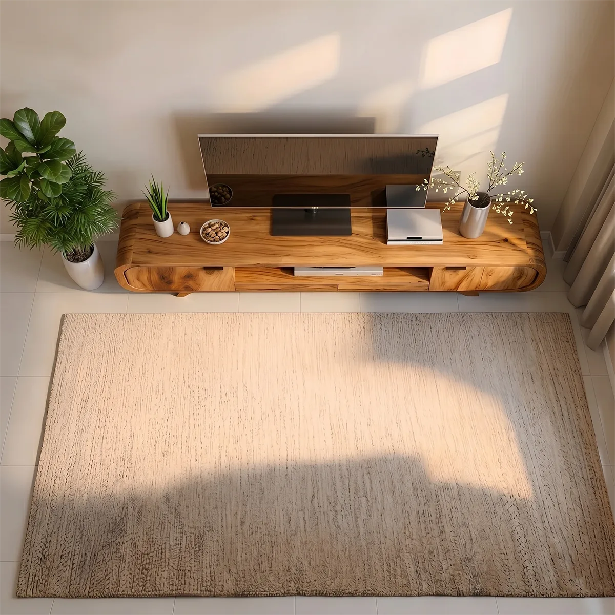 Mid Century Modern Solid Wood Rounded TV Stand with Cabinets