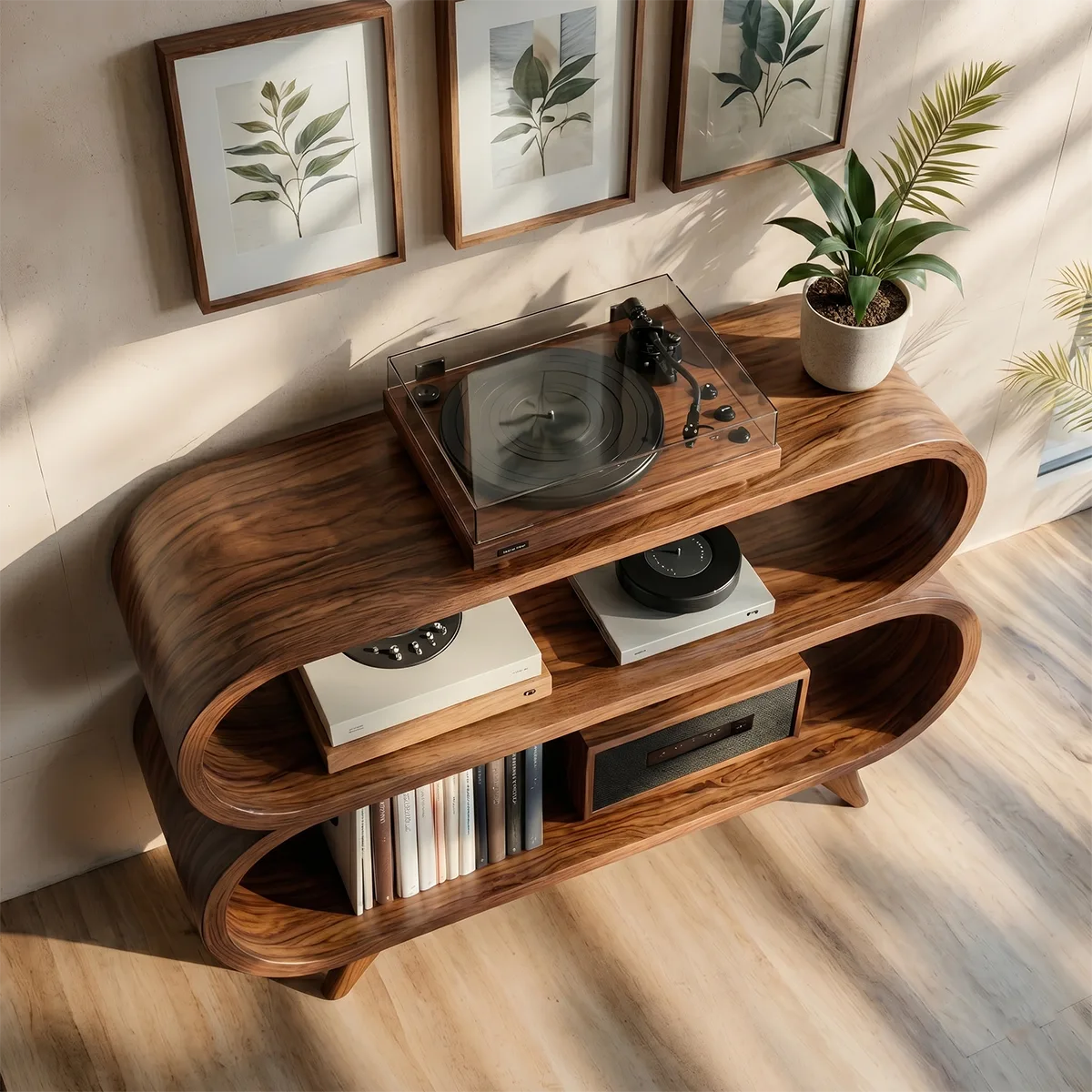 Organic Soft Wave Curved Wood Console Base | Mid-Century Modern Shelving