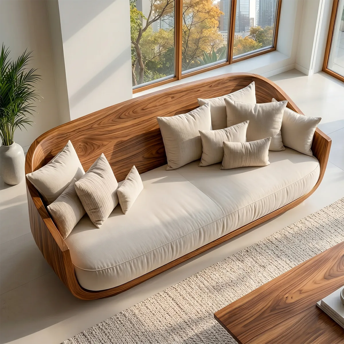 Luxury Organic Modern Solid Wood Curved Sofa with Deep Cushioned Seating