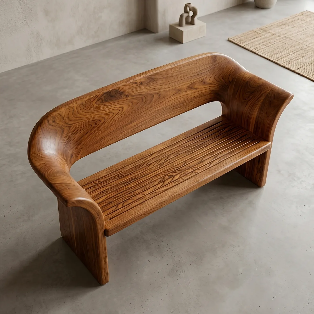 Curved Solid Wood Outdoor Bench with Sculptural Backrest
