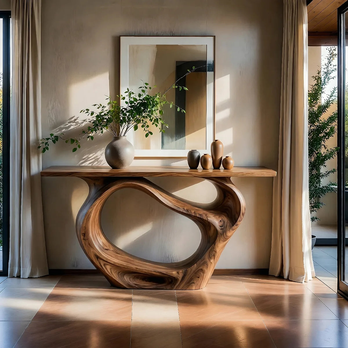 Sculptural Solid Wood Console Table with Organic Openwork Base