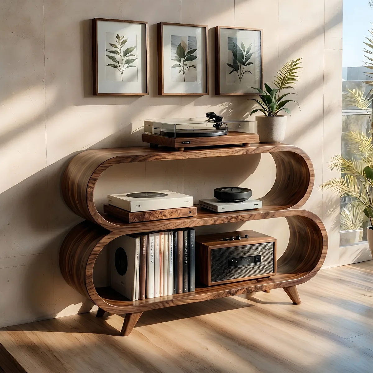 Organic Soft Wave Curved Wood Console Base | Mid-Century Modern Shelving