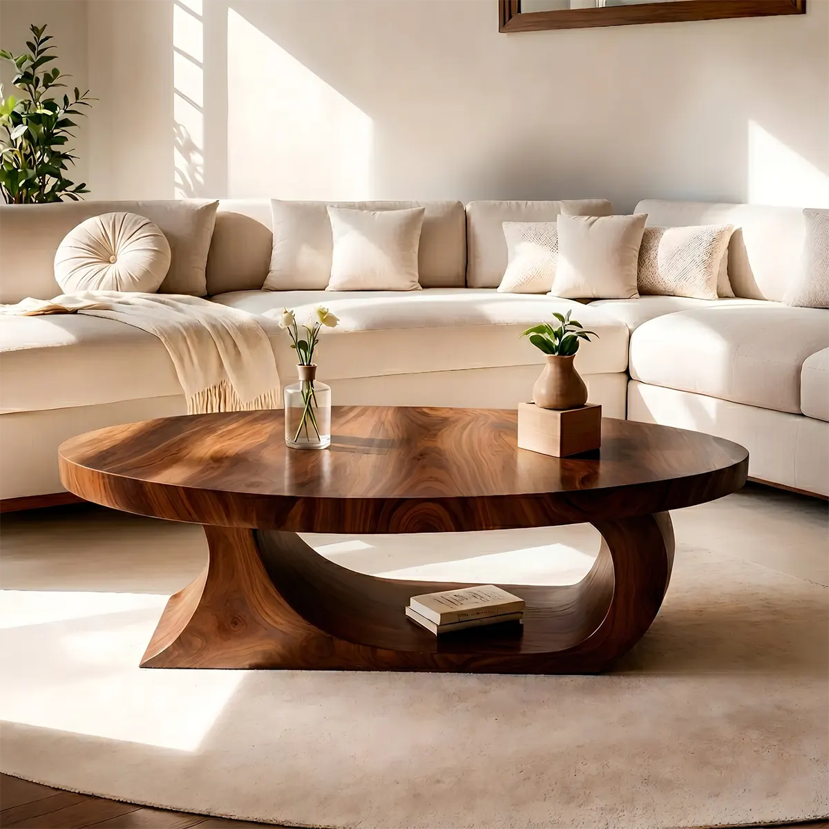 Oval Coffee Table, Organic Modern Wood Coffee Table, Sculptural Loop Base Center Table TT006-5586