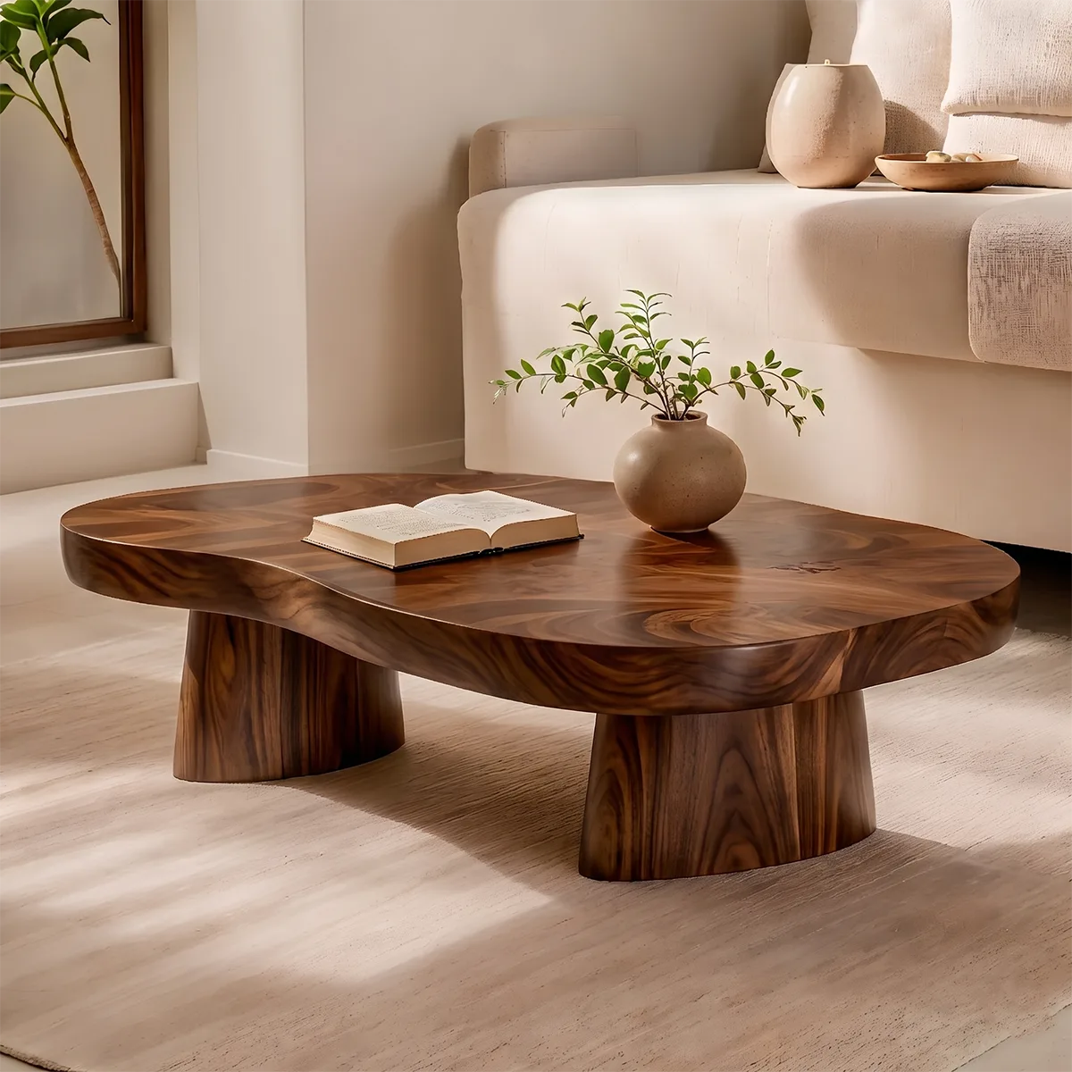 Organic Solid Wood Coffee Table | Sculptural Hardwood Cocktail Table with Dual Pedestal Base TT006-4930