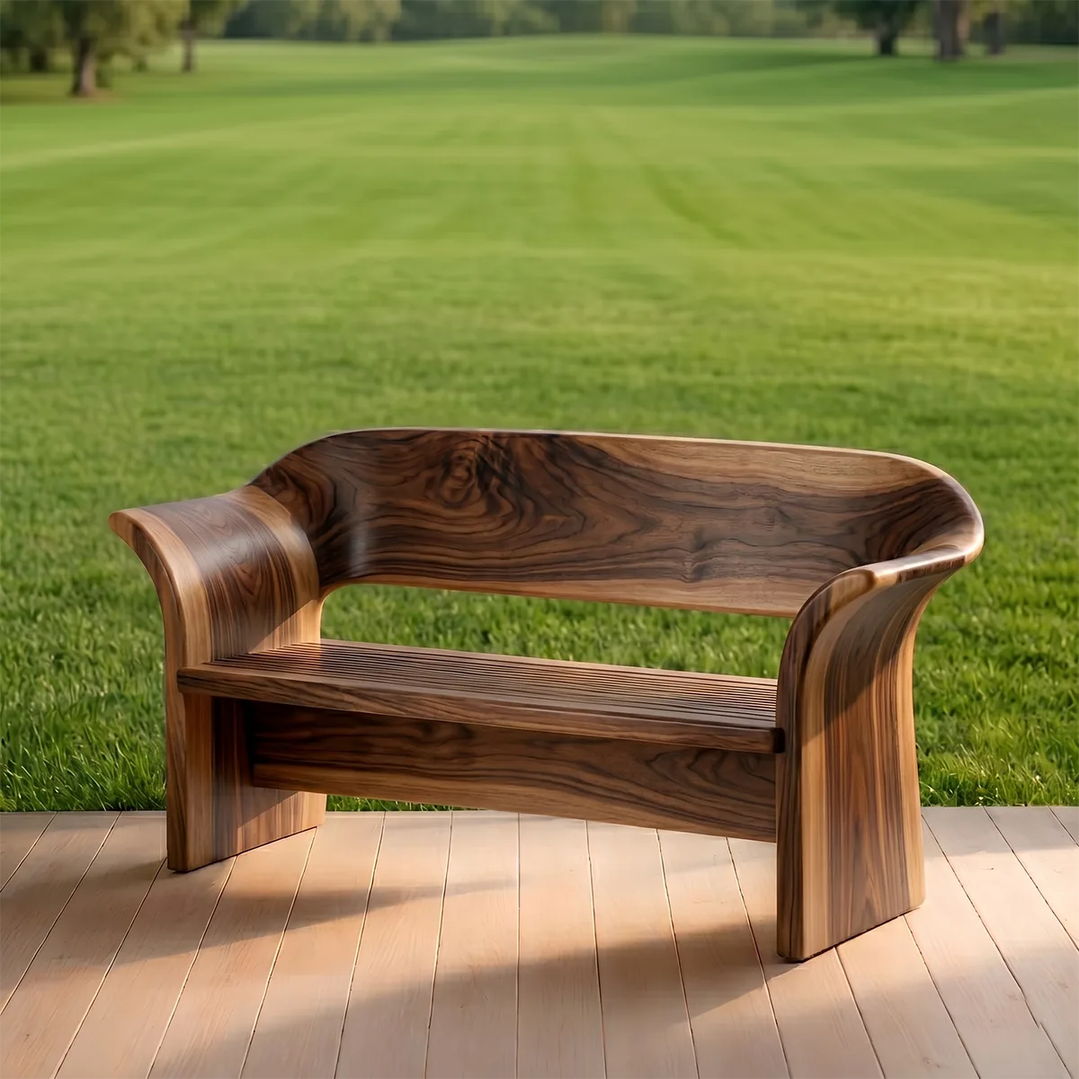 Curved Solid Wood Outdoor Bench with Sculptural Backrest