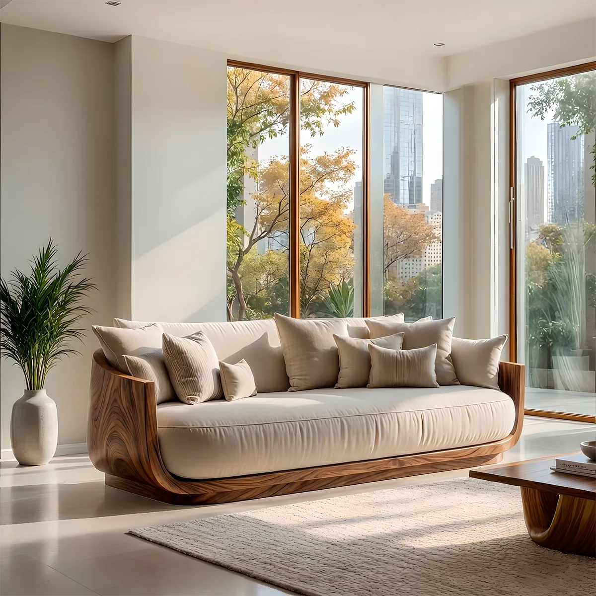 Luxury Organic Modern Solid Wood Curved Sofa with Deep Cushioned Seating