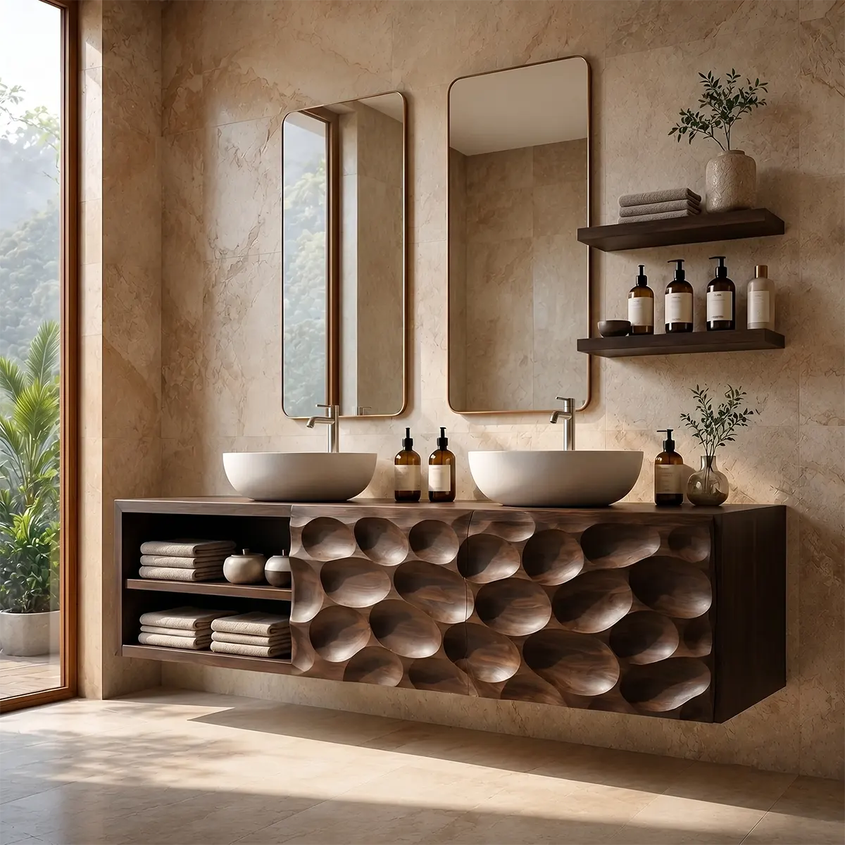 Pebble Carved Floating Double Sink Bathroom Vanity TT006-9978