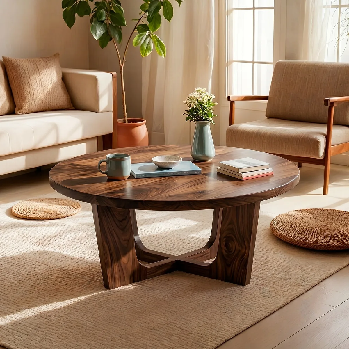 Round Solid Wood Coffee Table – Handcrafted Rustic Modern Living Room Table