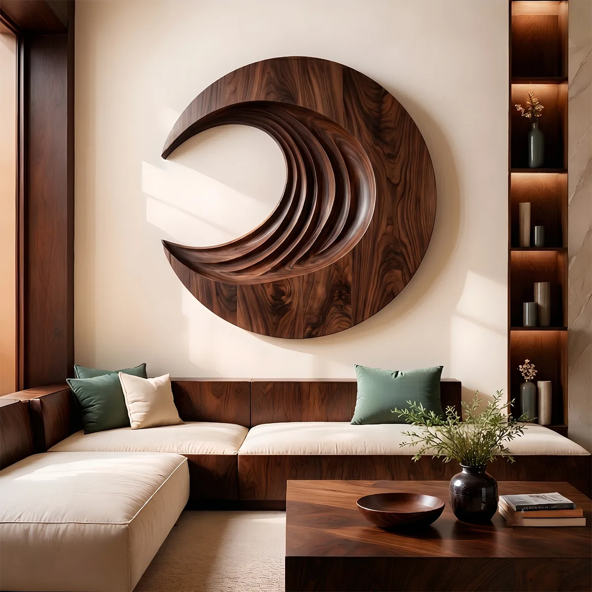 Abstract Crescent Wave Wood Wall Art | Large Round Wooden Wall Sculpture TT006-9169