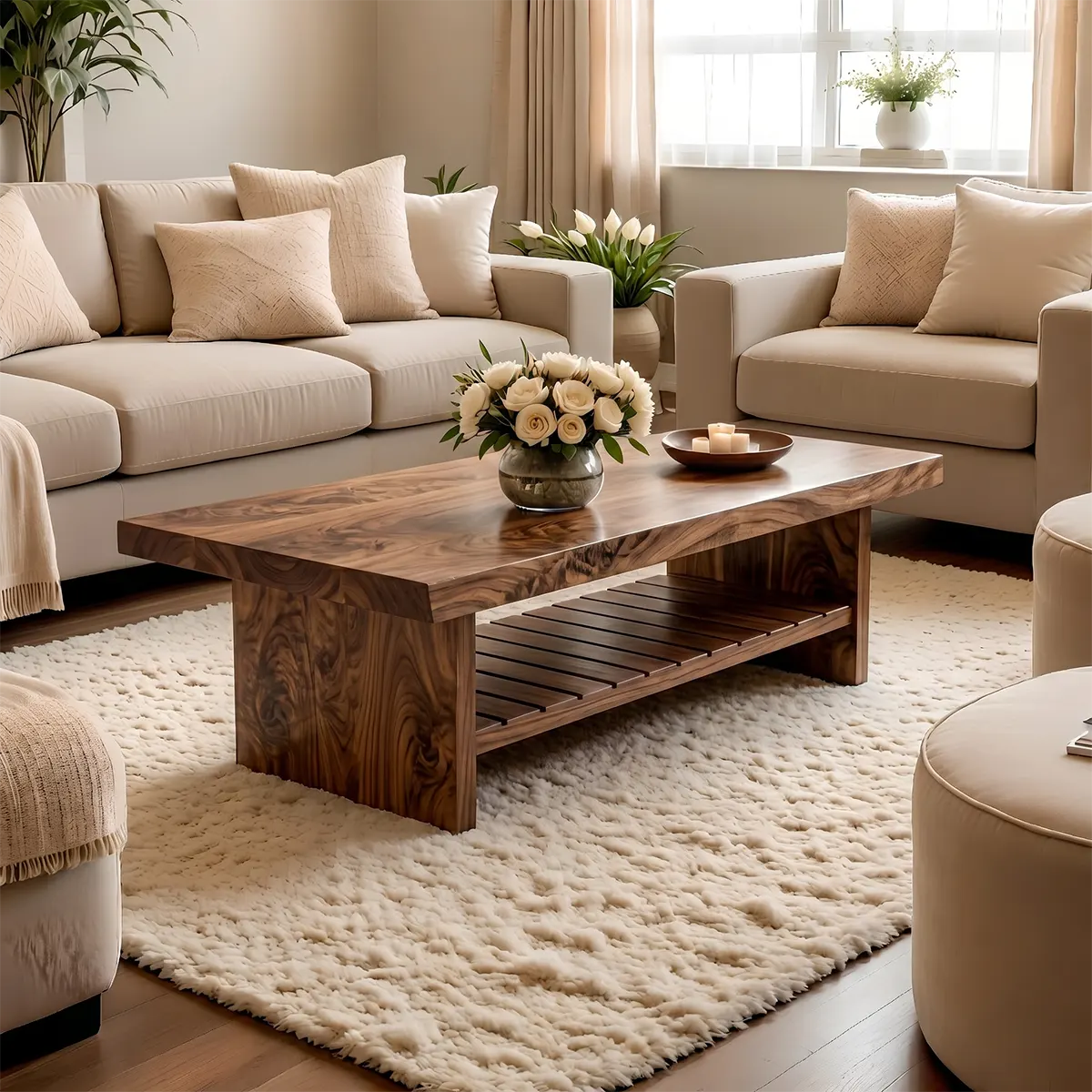 Modern Wooden Coffee Table with Slatted Open Shelf for Home Decor