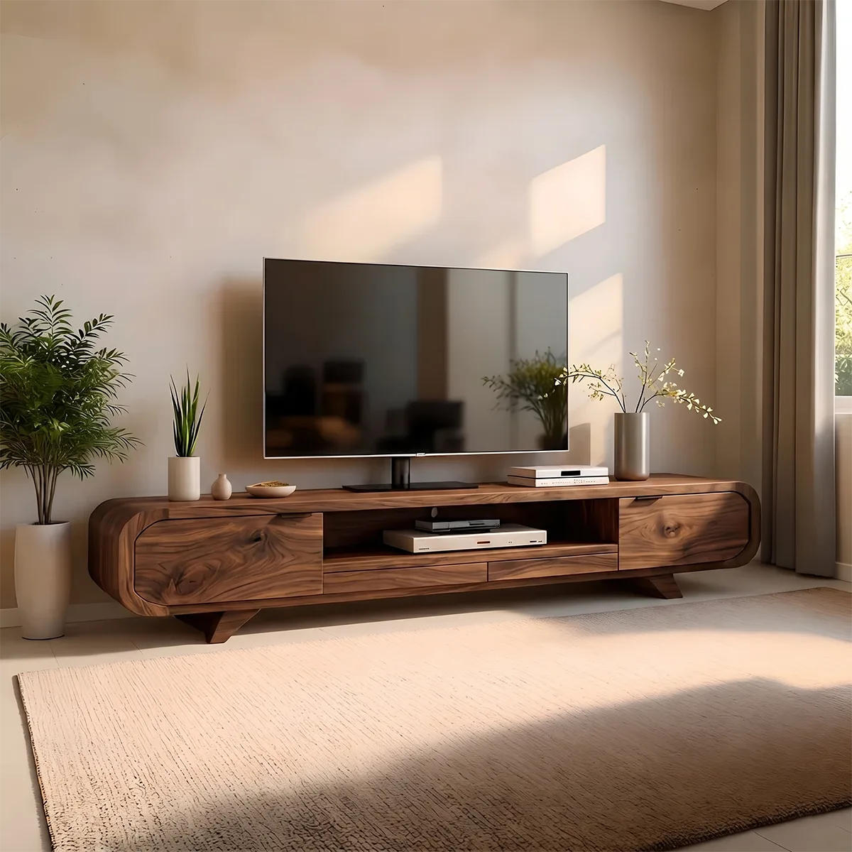Mid Century Modern Solid Wood Rounded TV Stand with Cabinets