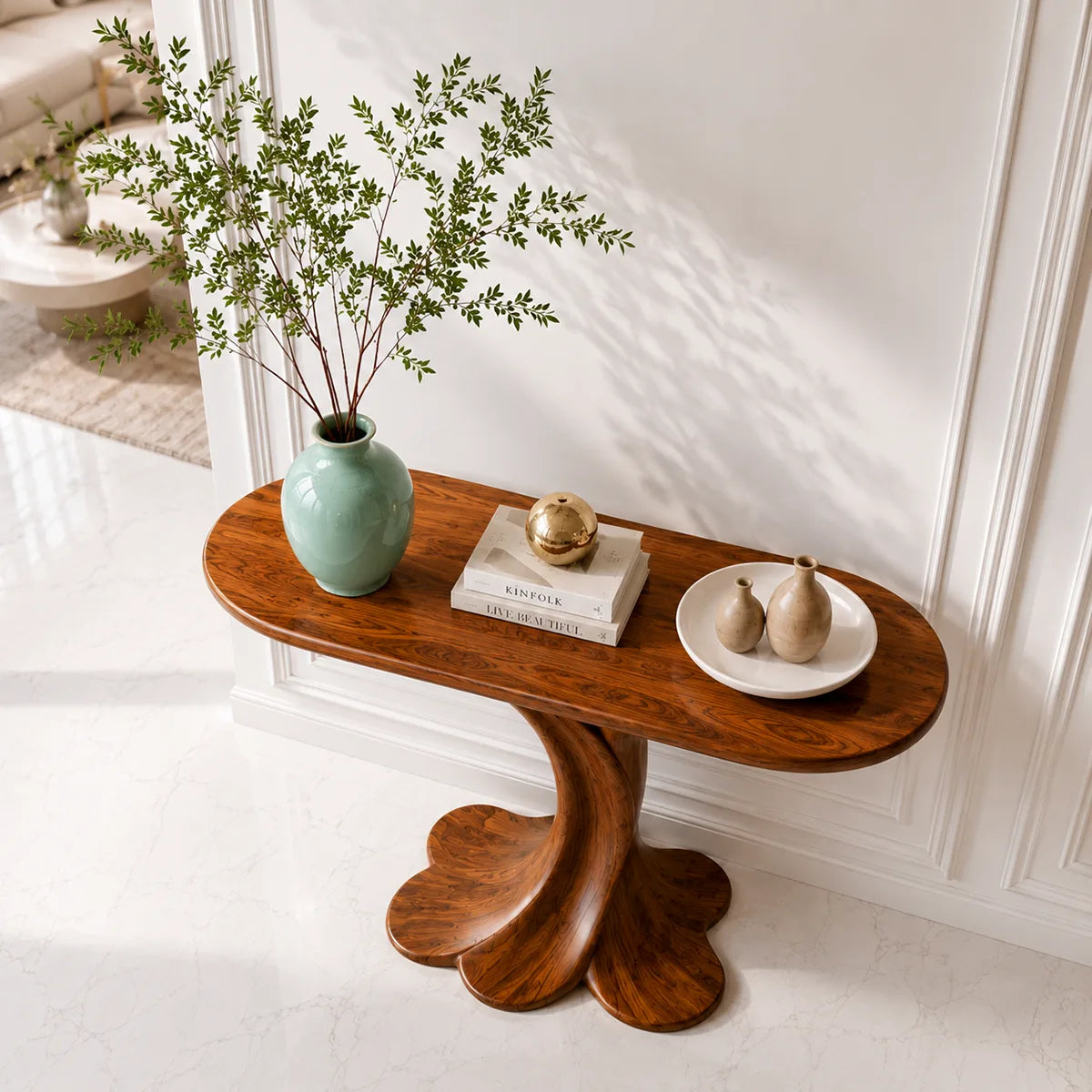 Sculptural Wooden Console Table for Entryway and Living Room Decor