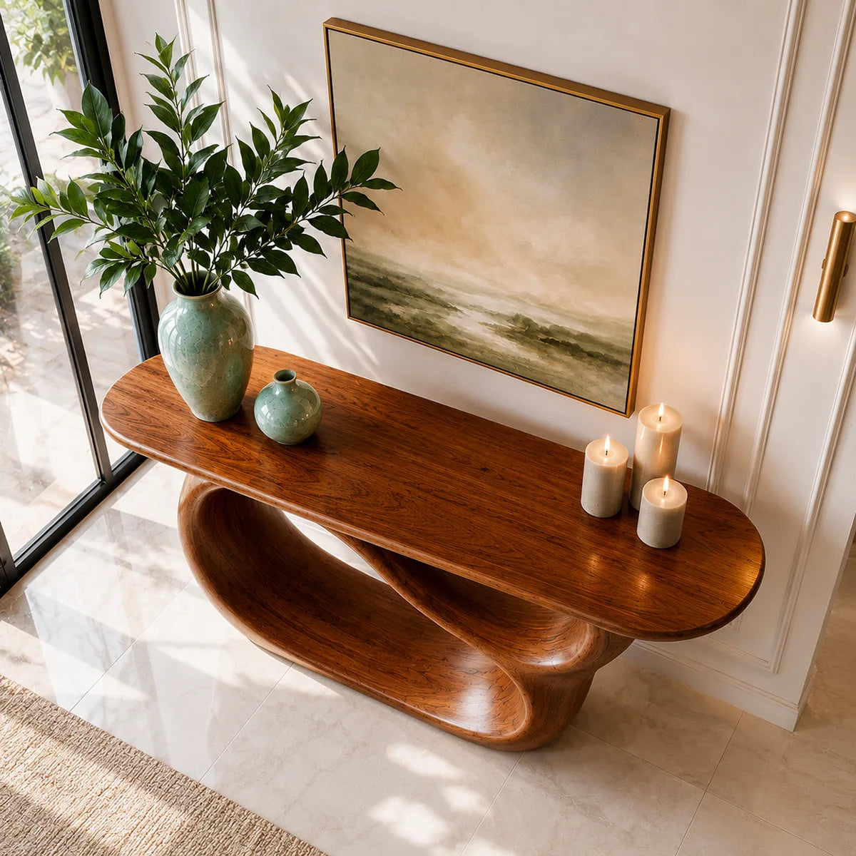 Sculptural Wood Console Table with Oval Cutout Base for Entryway