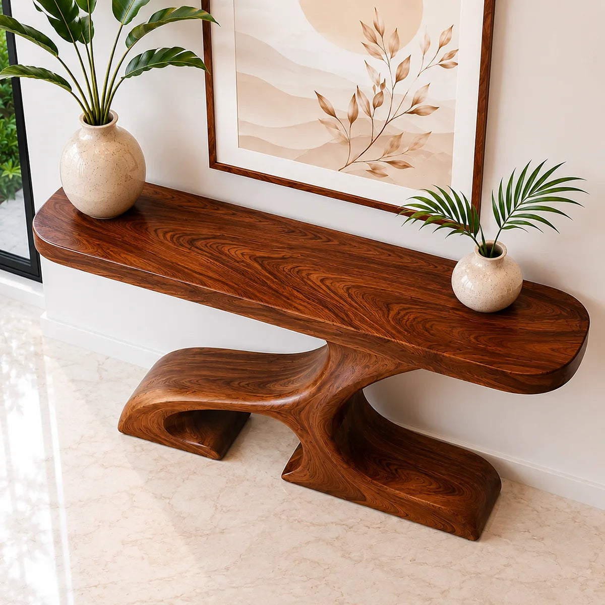 Sculptural Wood Console Table with Curved Base for Entryway Decor