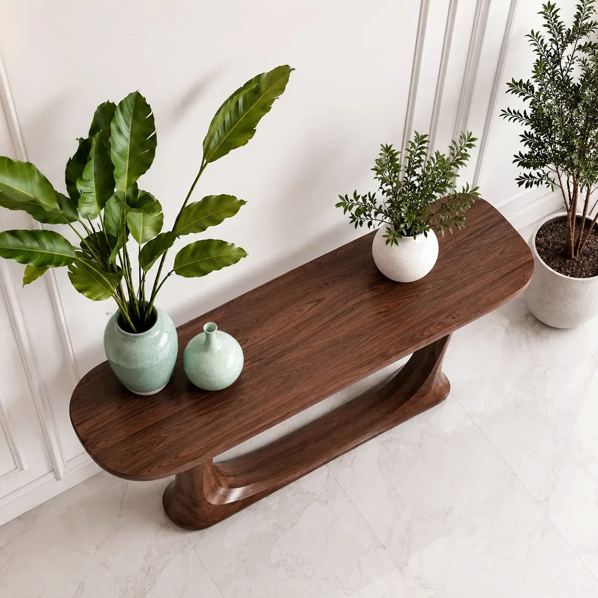 Handcrafted Solid Wood Console Table with Sculptural Base