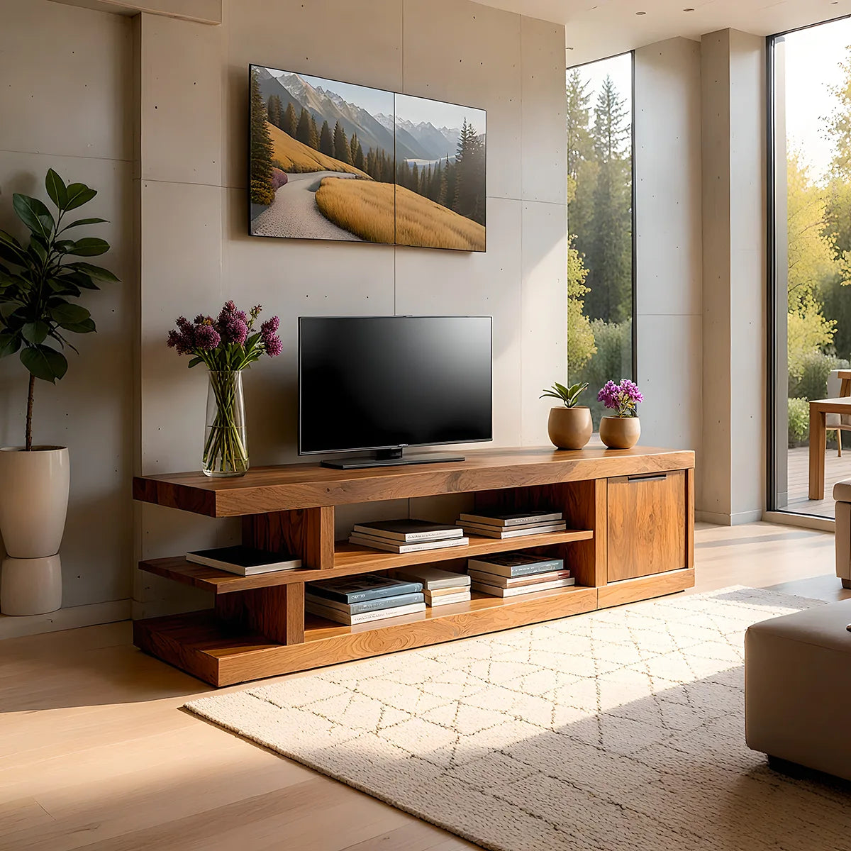 Modern Solid Wood Asymmetrical TV Stand with Tiered Shelving