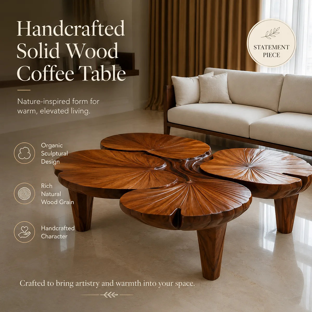 Handcrafted Solid Wood Coffee Table with Sculpted Lotus Leaf Top TT006-3336