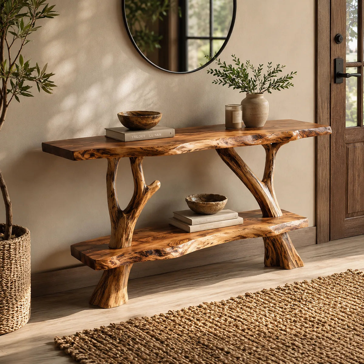 Rustic Live Edge Console Table with Tree Branch Base | Solid Wood Entryway Sofa Table TT006-7746