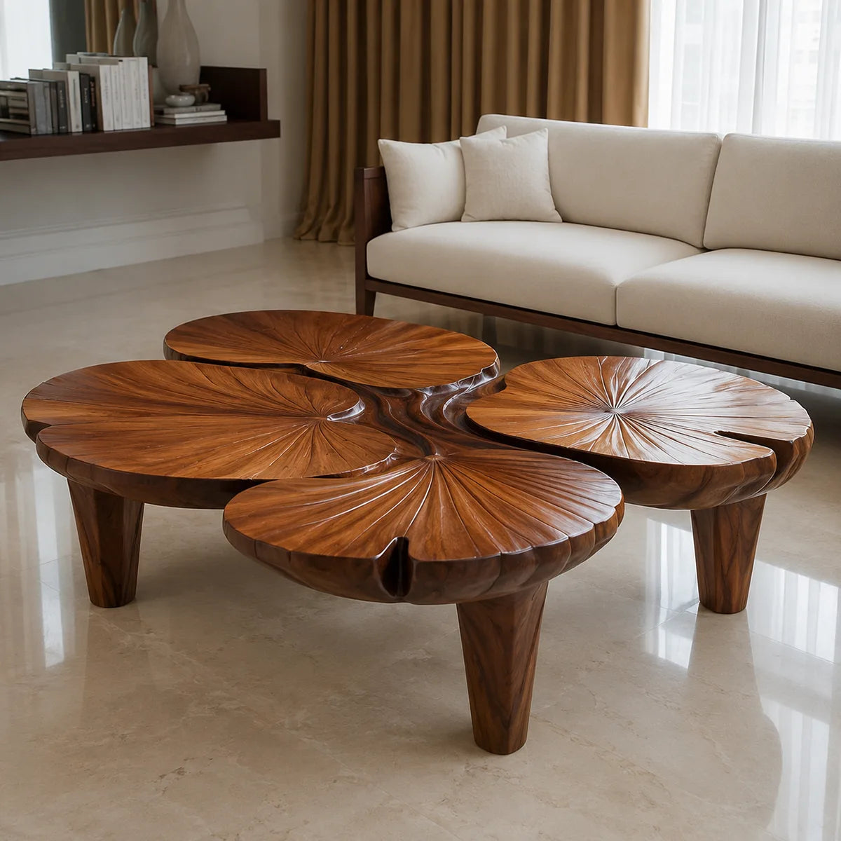 Handcrafted Solid Wood Coffee Table with Sculpted Lotus Leaf Top TT006-3336