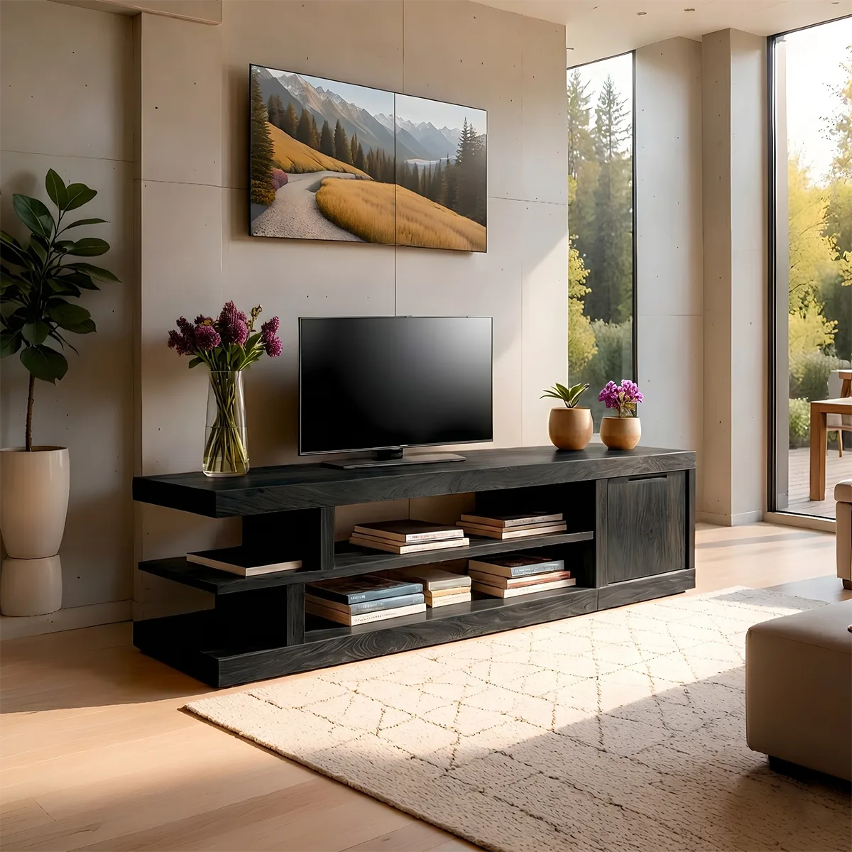 Modern Solid Wood Asymmetrical TV Stand with Tiered Shelving