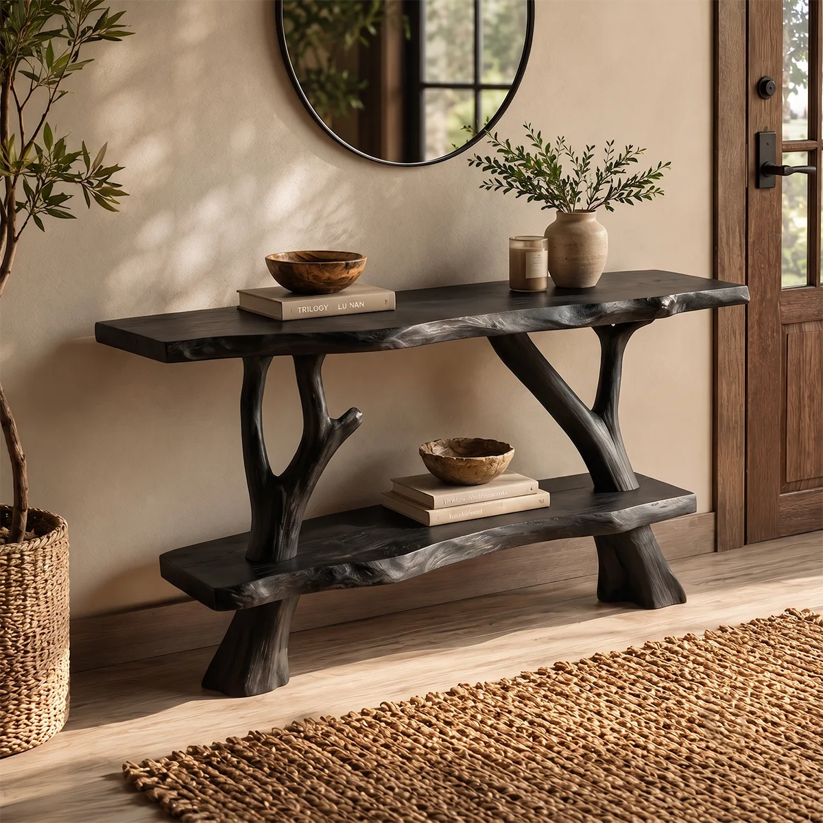 Rustic Live Edge Console Table with Tree Branch Base | Solid Wood Entryway Sofa Table TT006-7746